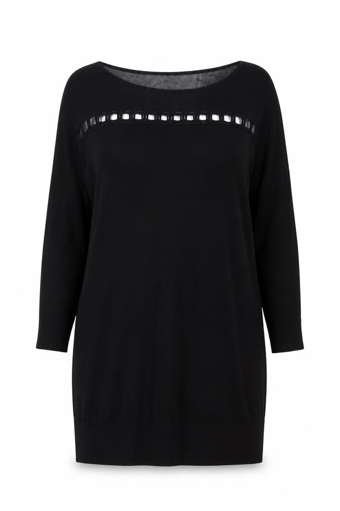 Jaeger Womens Black Wool Blend Tunic Blouse L 3/4 Sleeve