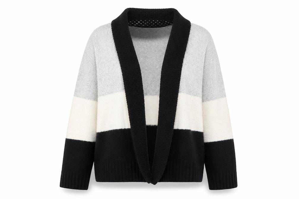Bassini Womens Black Grey Ivory Striped Knit Cardigan L