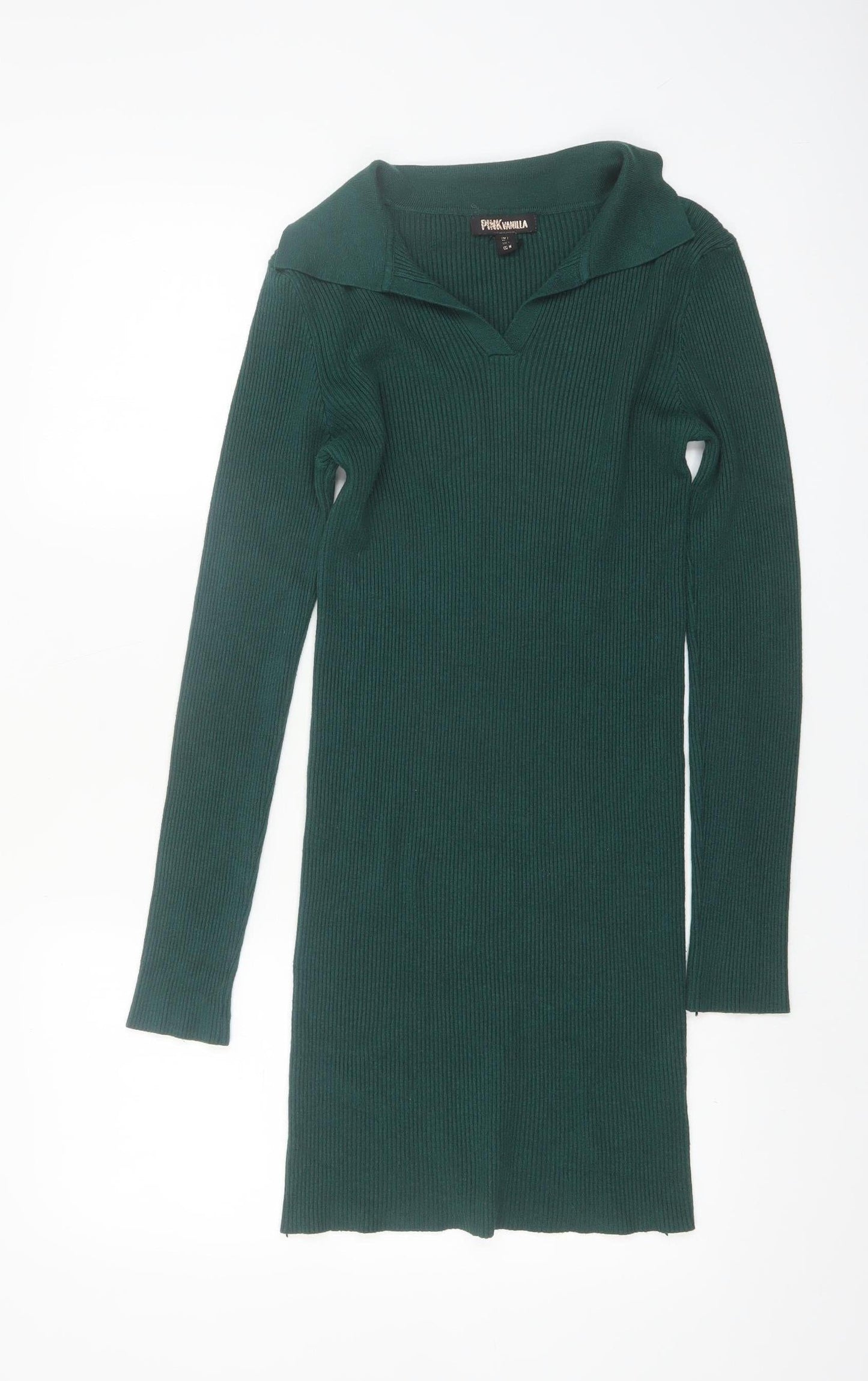 Pink Vanilla Women Green L Rib Knit Collared Bodycon Dress