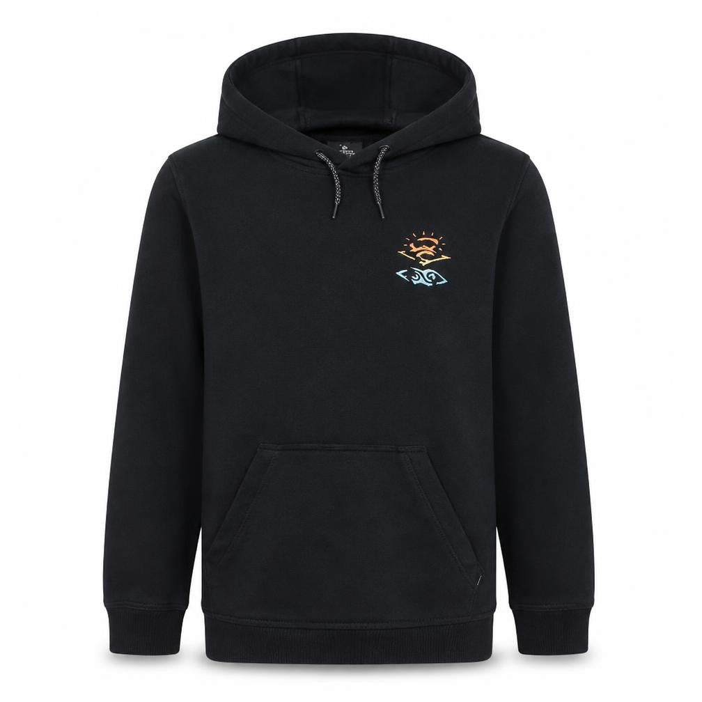 Front view of Rip Curl boys’ black pullover hoodie 16 years surf logo fleece sweatshirt