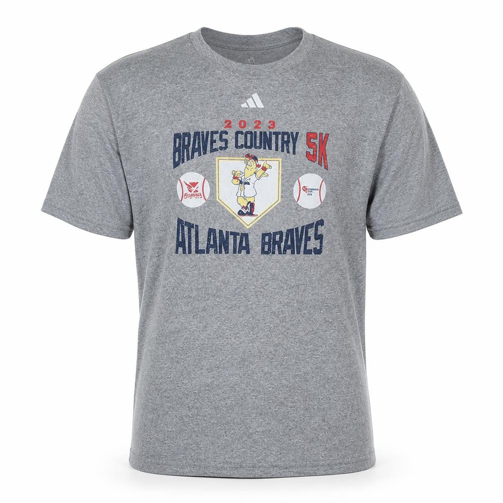 Front view of Adidas men’s grey braves country 5k graphic t-shirt xl sports tee