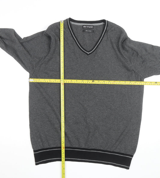 Marks and Spencer Autograph Men's Grey Striped V-Neck Cotton Jumper Size L