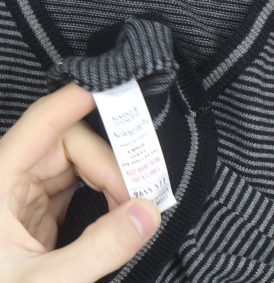 Marks and Spencer Autograph Men's Grey Striped V-Neck Cotton Jumper Size L