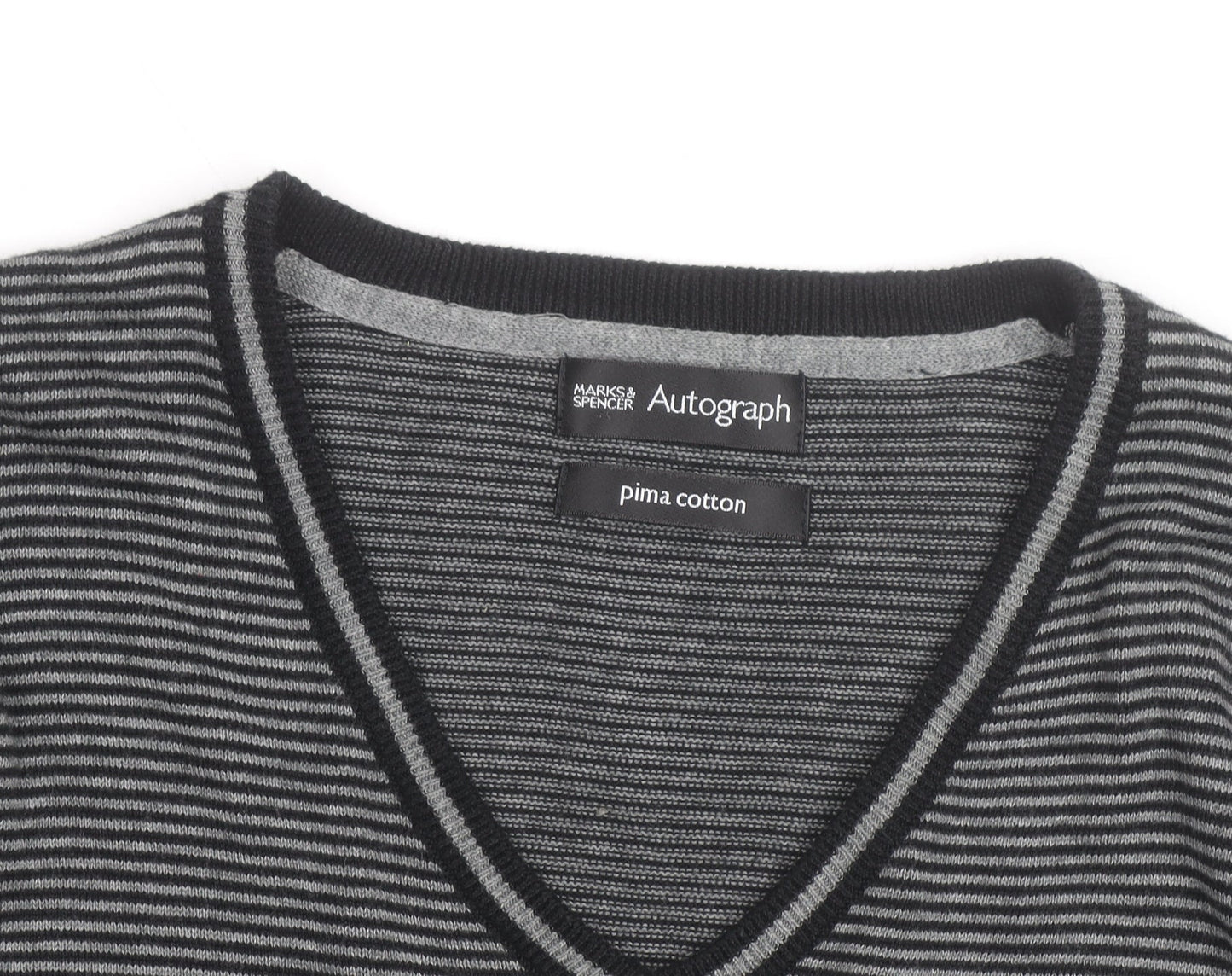 Marks and Spencer Autograph Men's Grey Striped V-Neck Cotton Jumper Size L