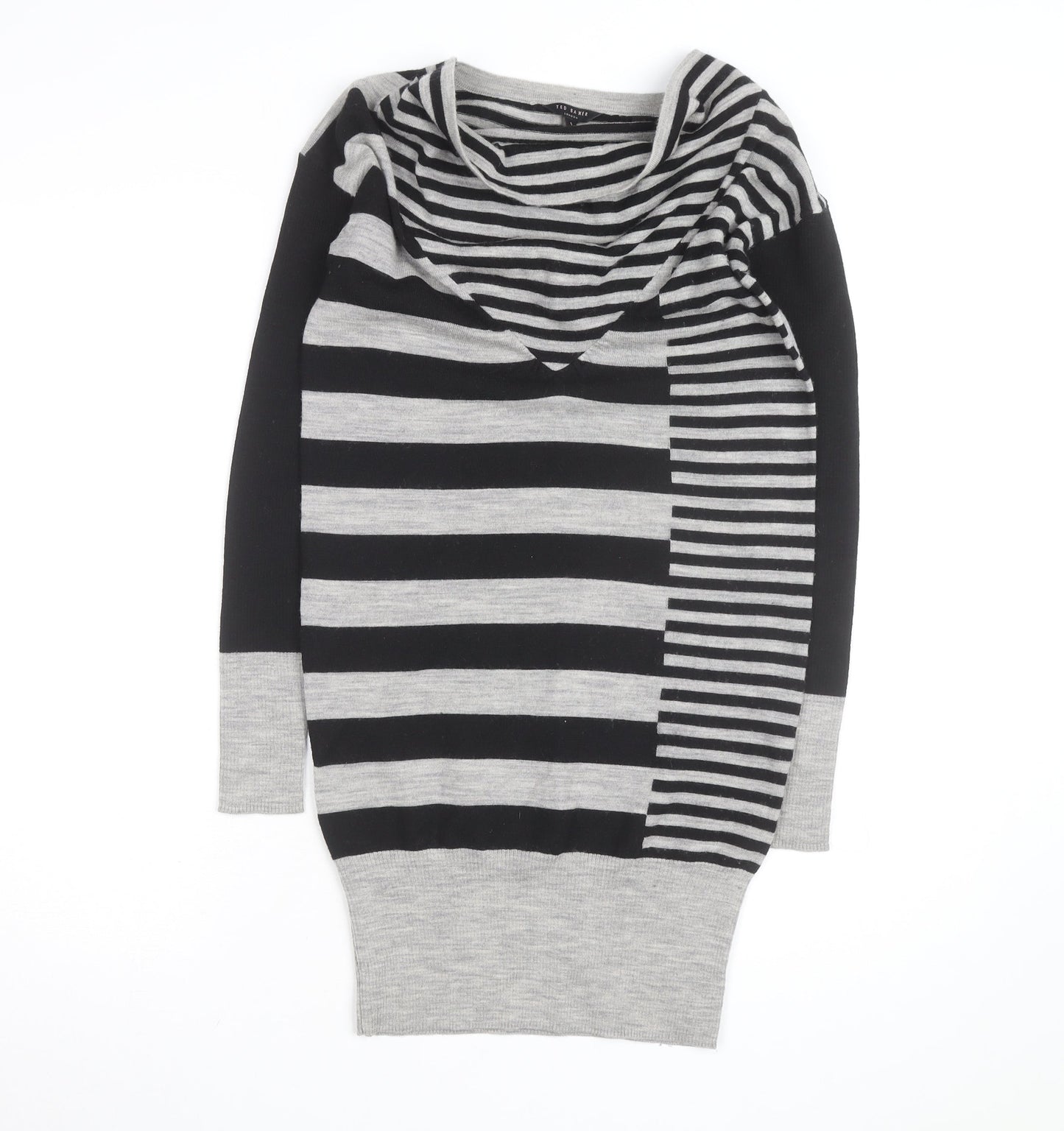 Ted Baker Women’s Grey Striped Wool Jumper Dress Size S Cowl Neck