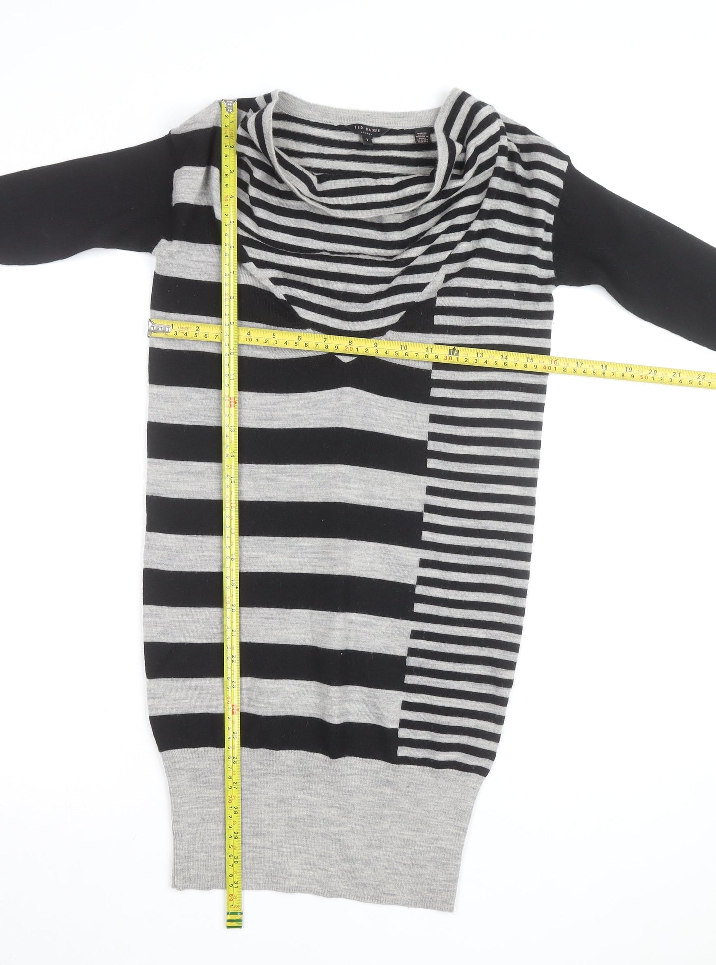 Ted Baker Women’s Grey Striped Wool Jumper Dress Size S Cowl Neck