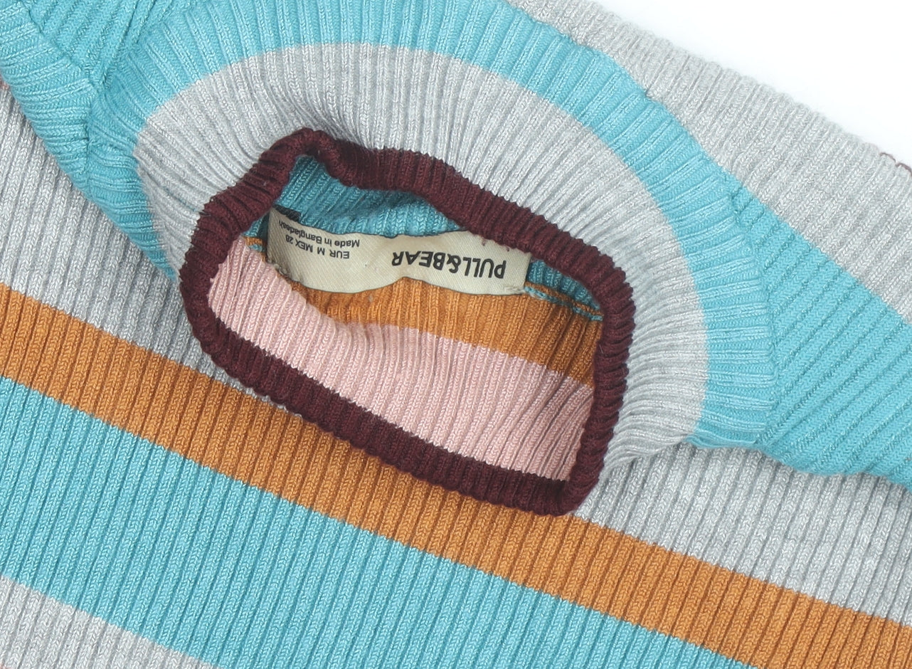 Pull & Bear Women's Multicoloured Striped Mock Neck Knit Top Size 10