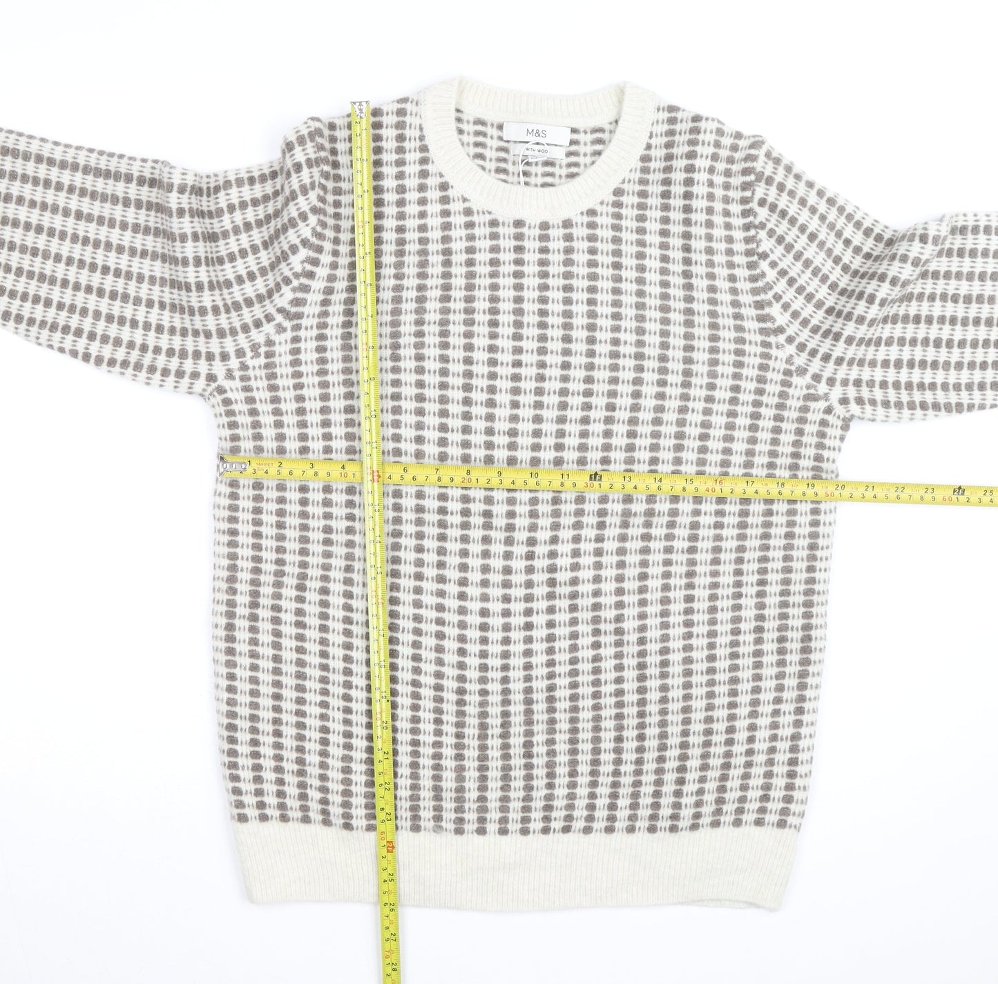 Marks and Spencer Women's Grey Check Knit Crew Neck Jumper M