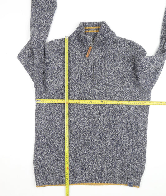 Fat Face Men Blue Chunky-Knit 1/4 Zip Jumper L Wool Cotton