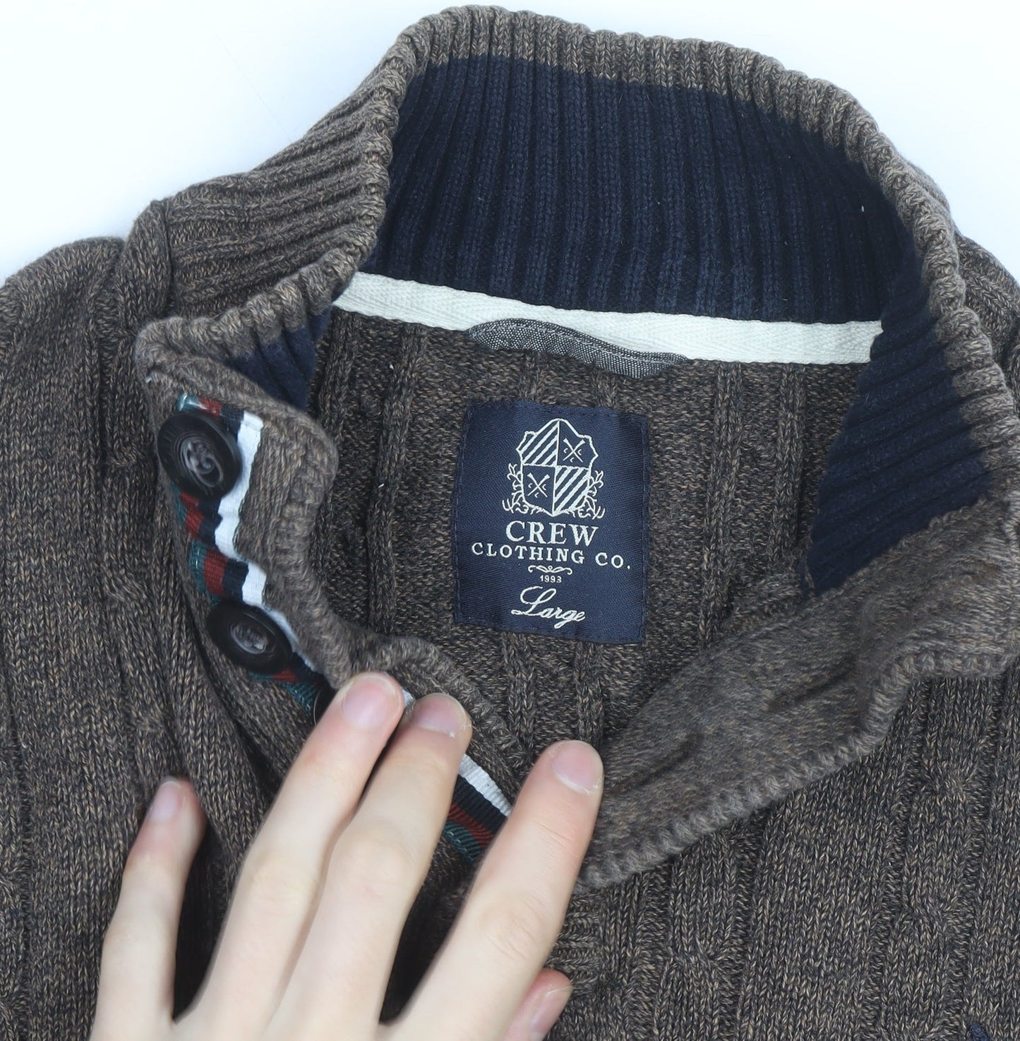 Crew Clothing Co Men’s Brown Cotton Cable-Knit Henley Jumper Large