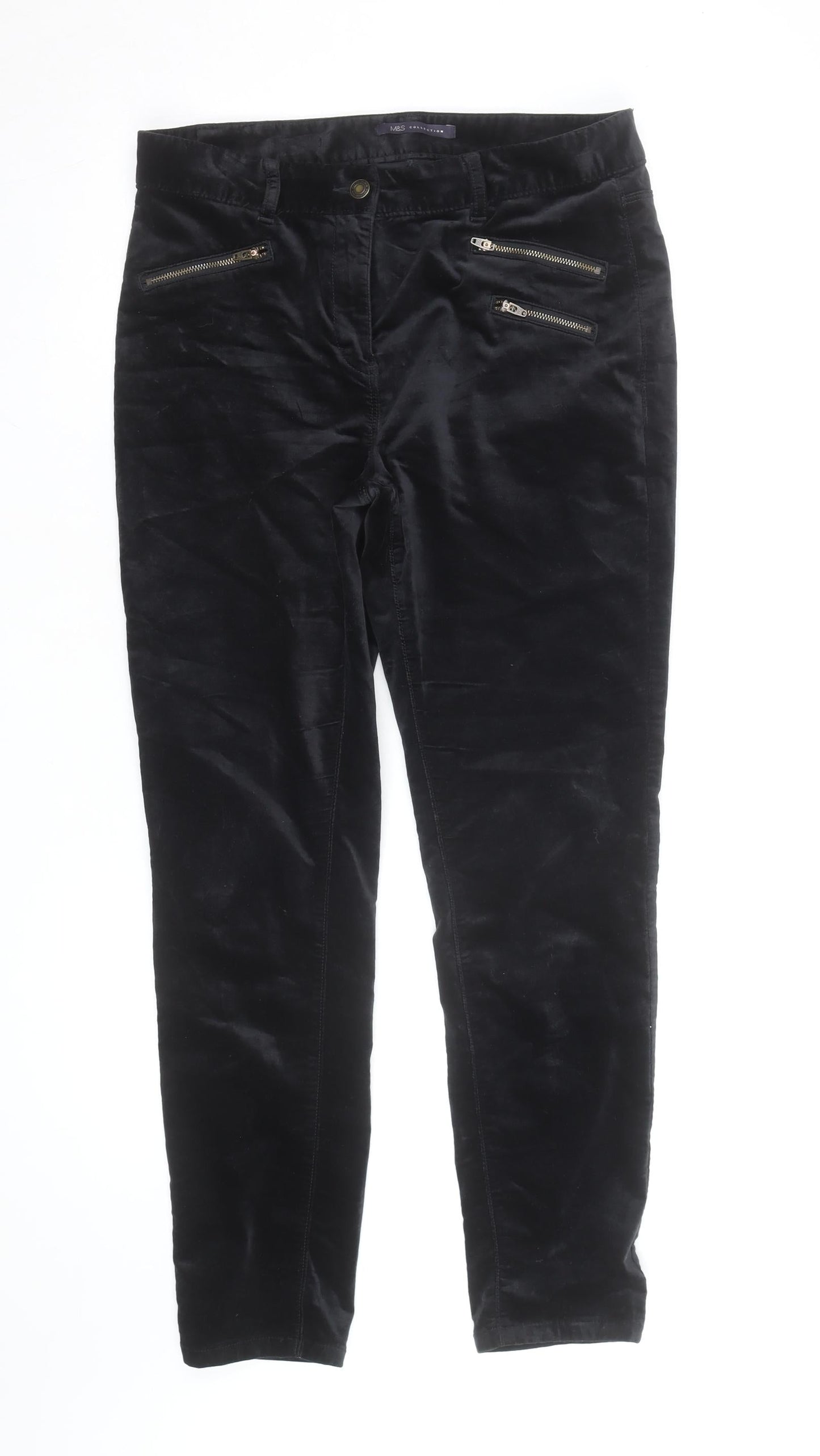 Marks and Spencer Black Velvet Slim Trousers Women’s Size 12 Zip Detail