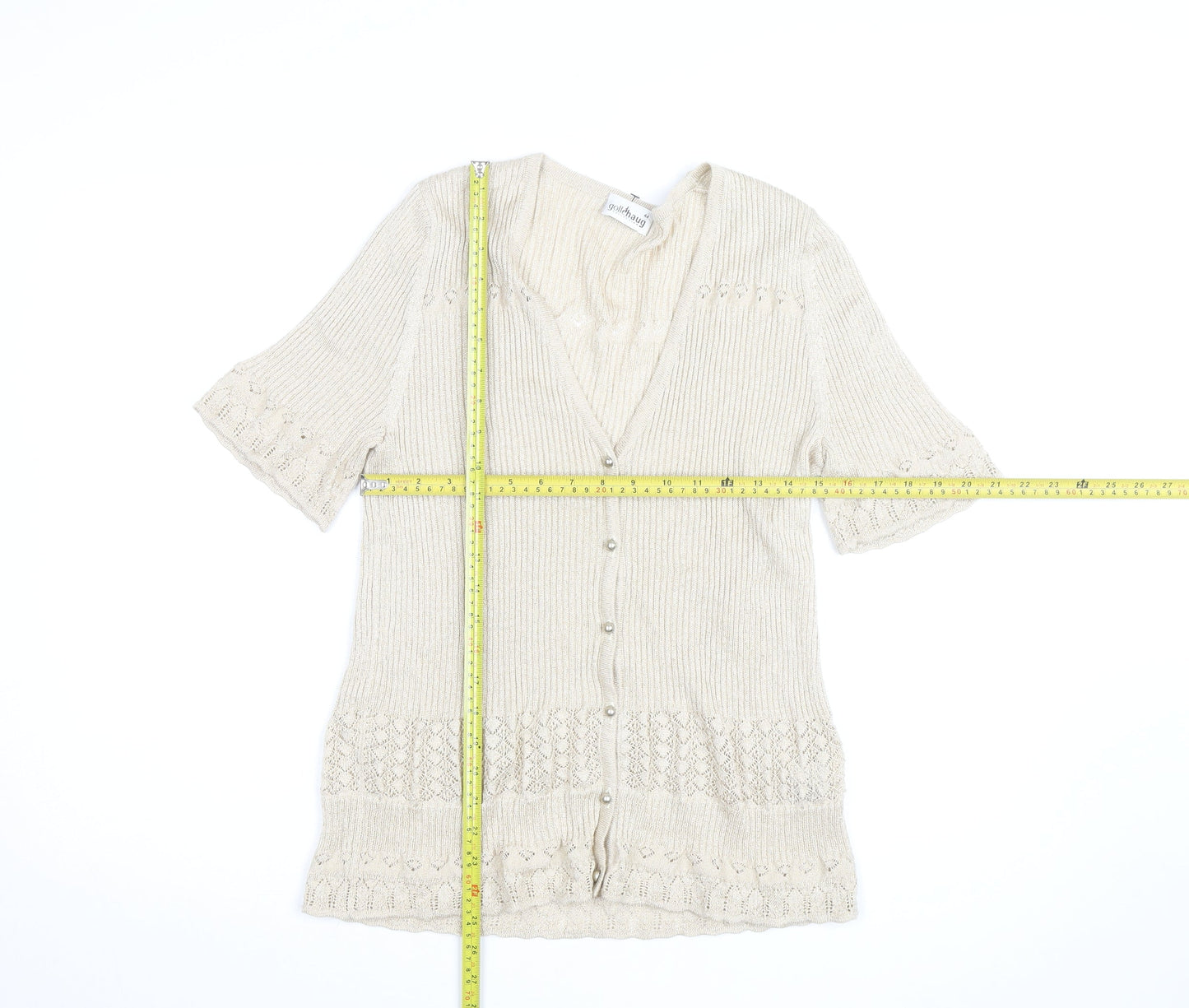 Gollehaug Women Beige Knit Short Sleeve V-Neck Blouse Size 16