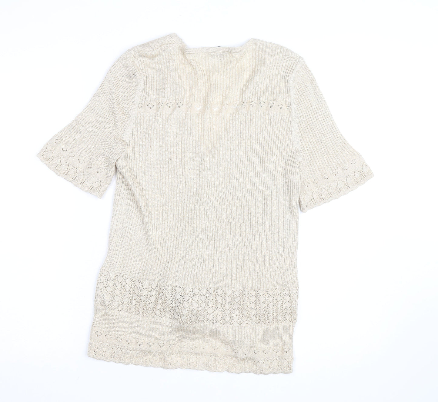 Gollehaug Women Beige Knit Short Sleeve V-Neck Blouse Size 16