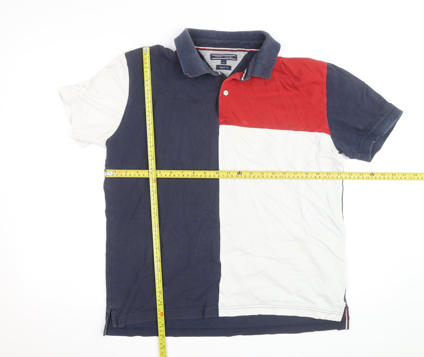 Tommy Hilfiger Men's Blue Red White Colourblock Polo Shirt XL Regular Fit