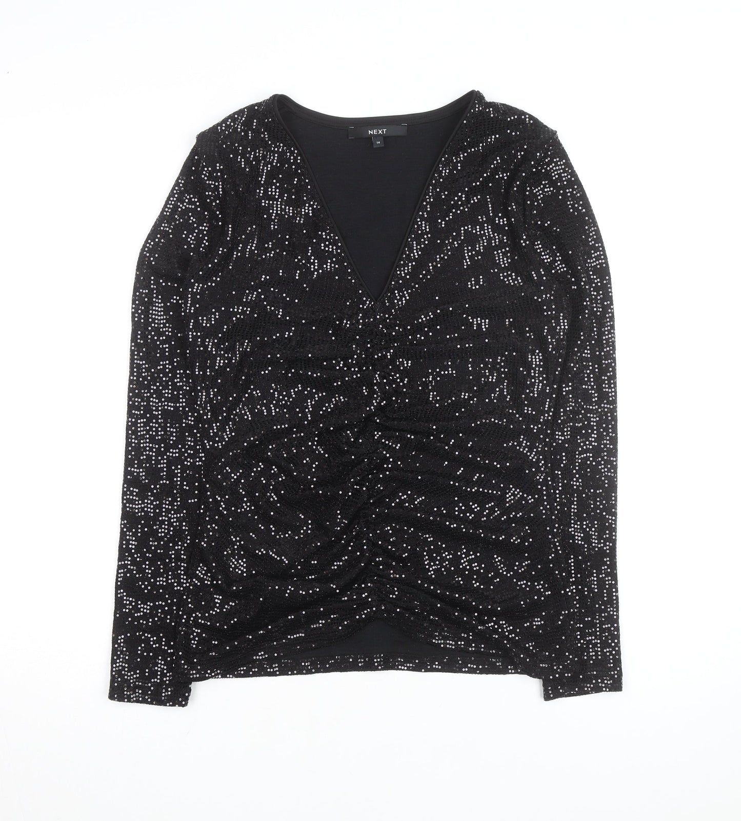 Next Women’s Black Sequin V-Neck Long Sleeve Party Blouse Size 14