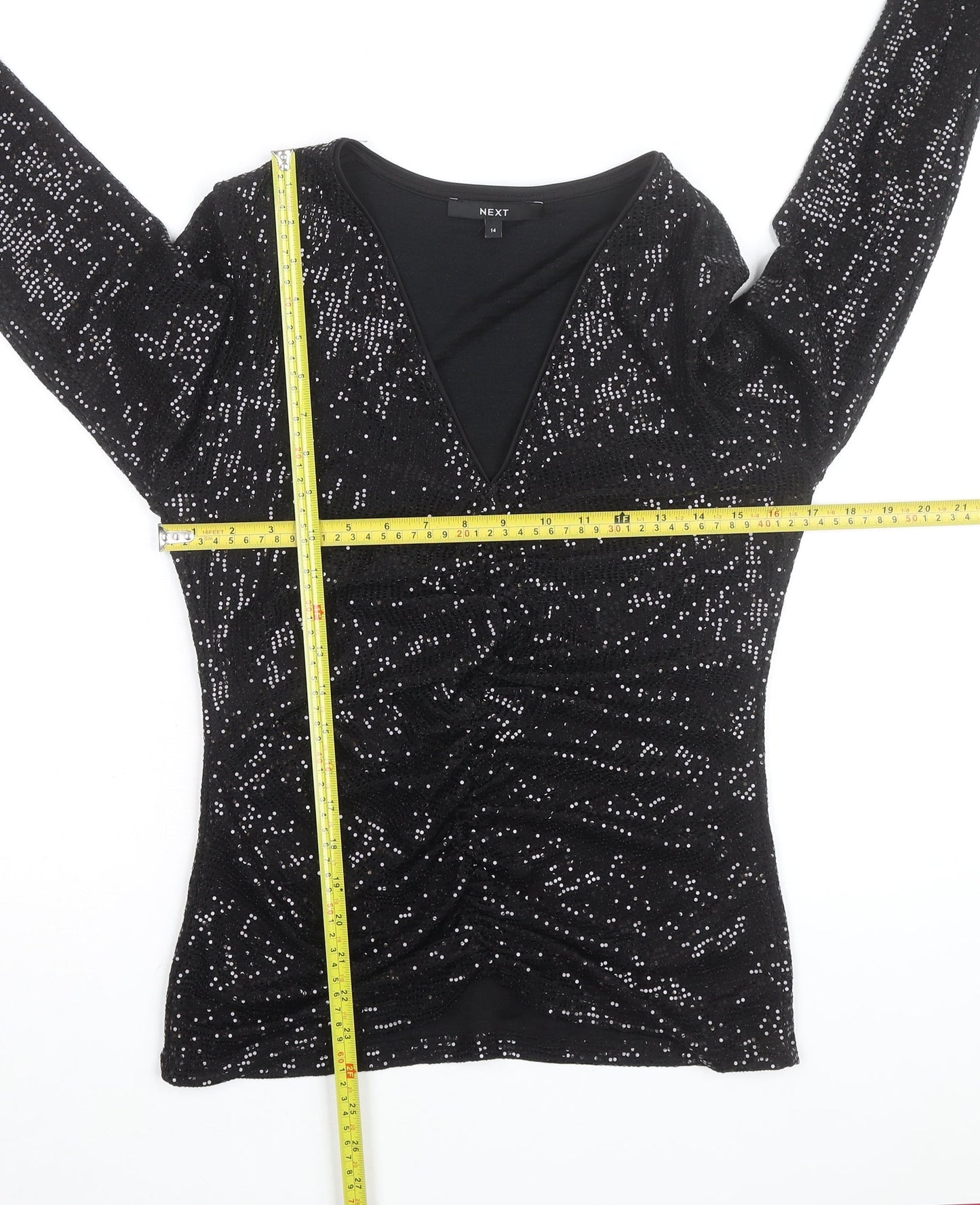 Next Women’s Black Sequin V-Neck Long Sleeve Party Blouse Size 14