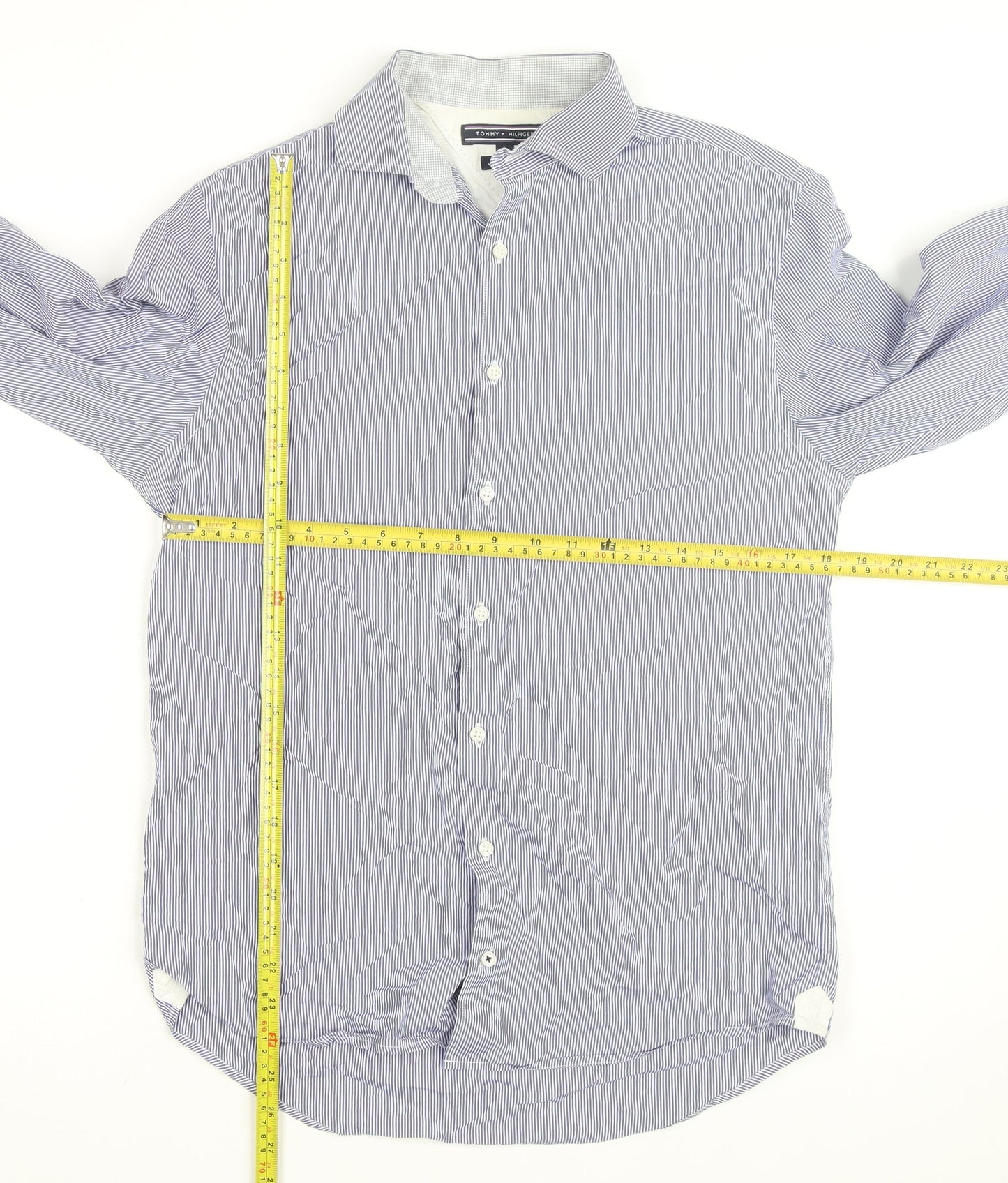 Tommy Hilfiger Men's Blue Striped Slim Fit Long Sleeve Cotton Shirt S