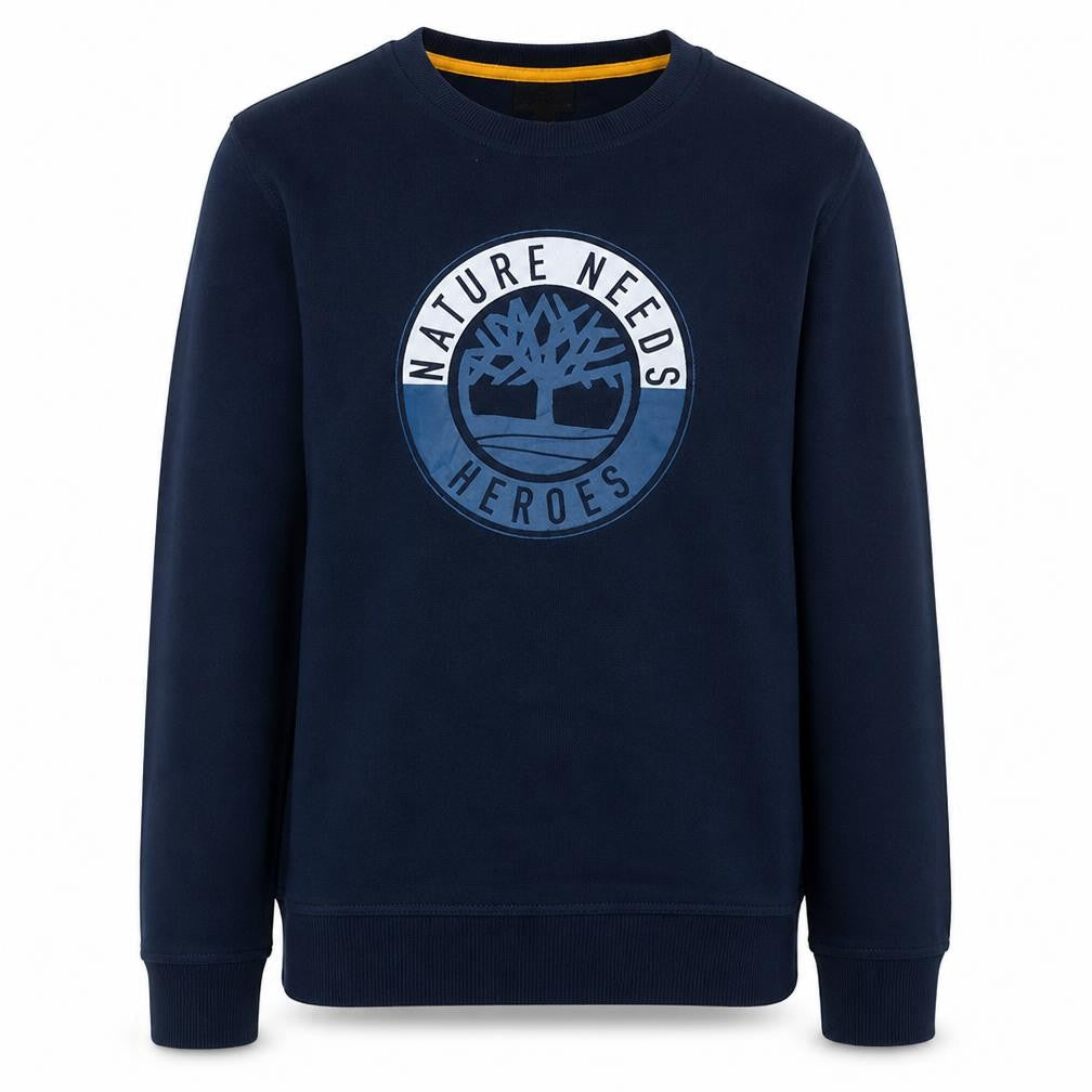 Front view of Timberland boys’ navy blue crew neck graphic print sweatshirt 16/17 years m