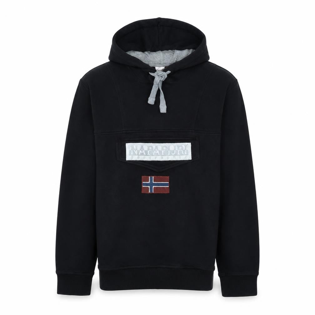 Napapijri Men’s Black Pullover Hoodie M Embroidered Flag Logo