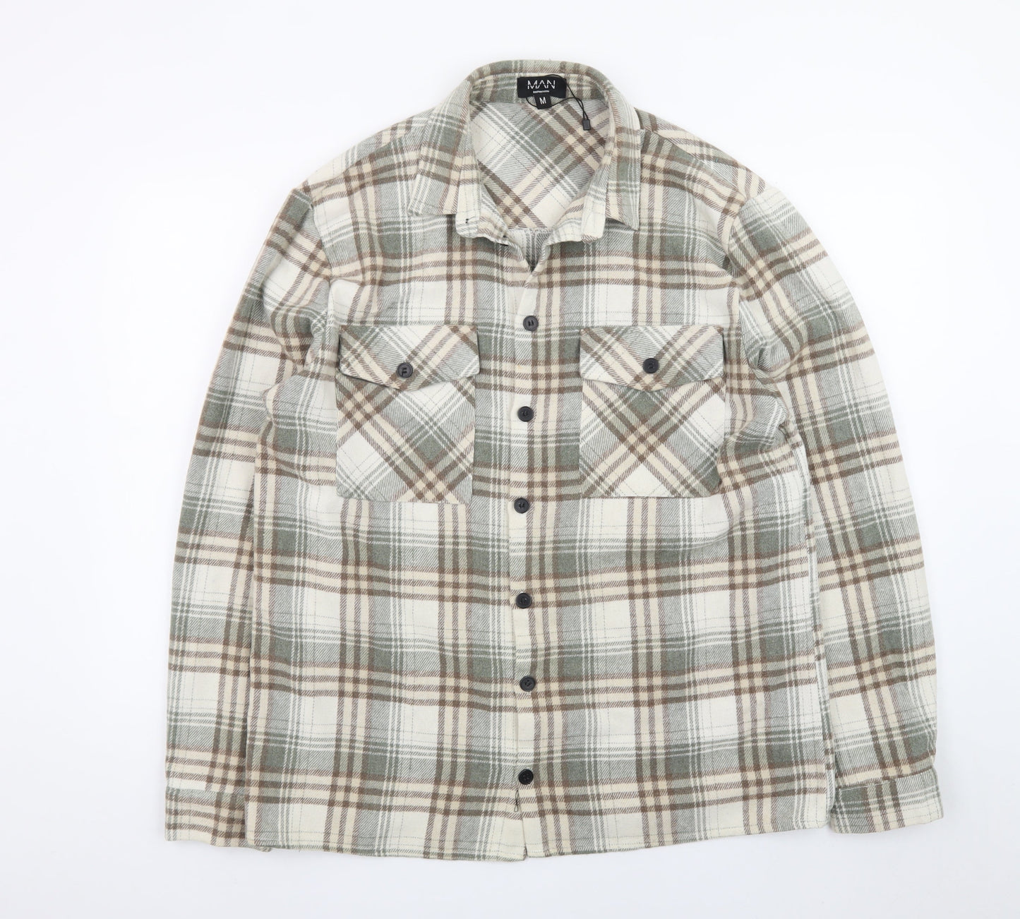 boohooMAN Men's Beige Check Flannel Shirt Jacket Medium Regular Fit