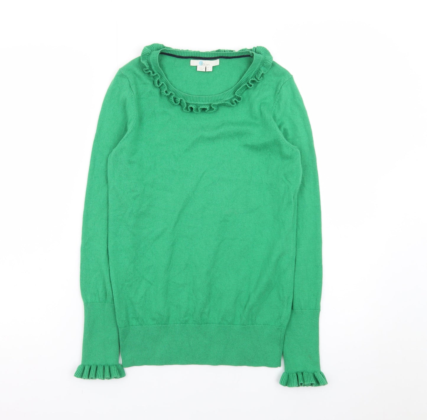 Boden Women's Green Ruffle Crew Neck Wool Cotton Jumper Size 8