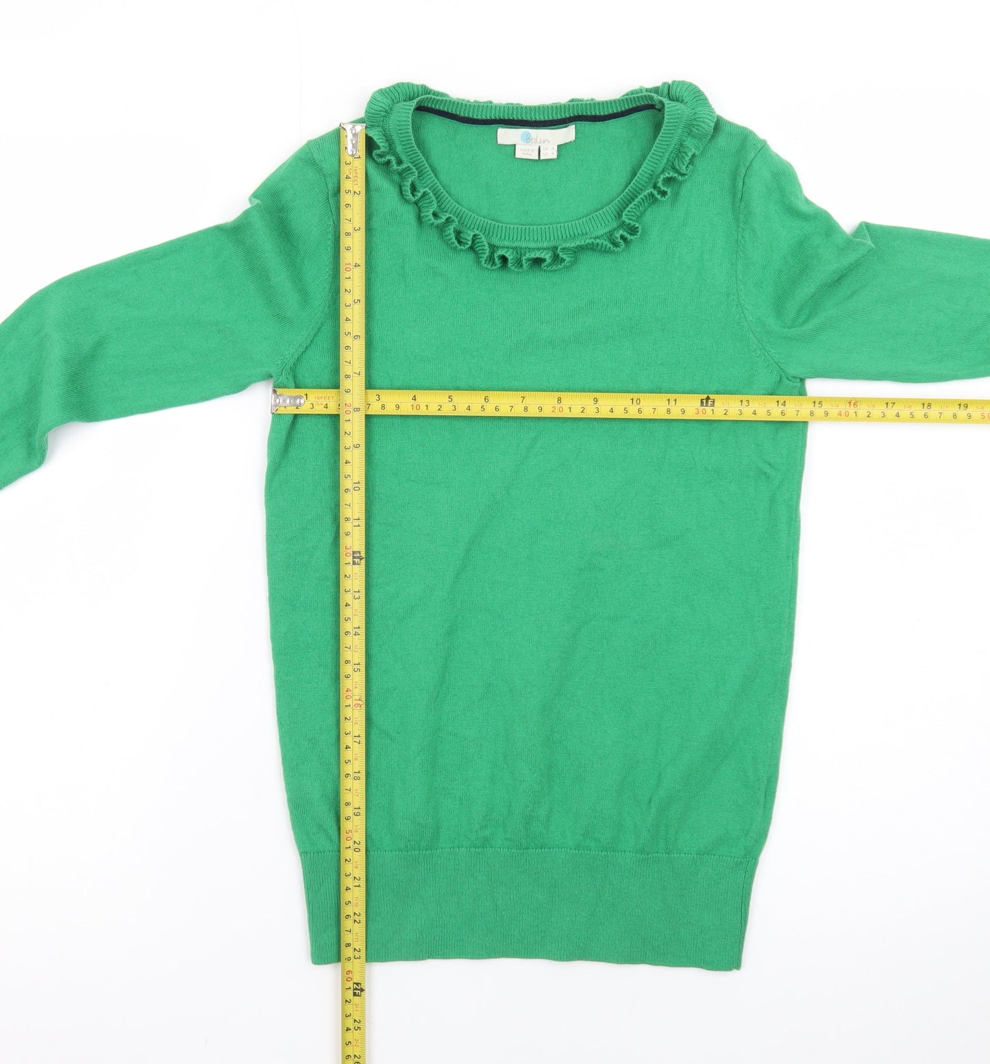 Boden Women's Green Ruffle Crew Neck Wool Cotton Jumper Size 8