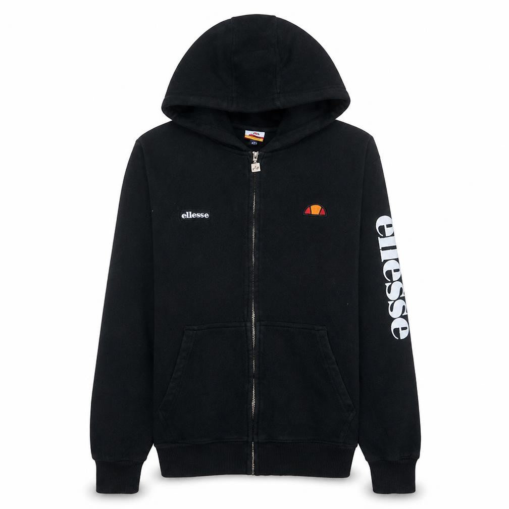 Front view of Ellesse Men's Black Full Zip Hoodie, size L, Sports Fleece