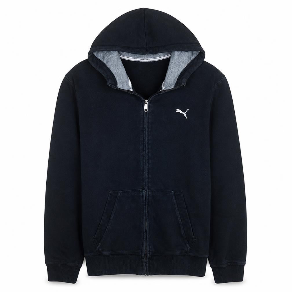 Front view of Puma Men's Black Full Zip Hoodie L Fleece Logo Sportswear