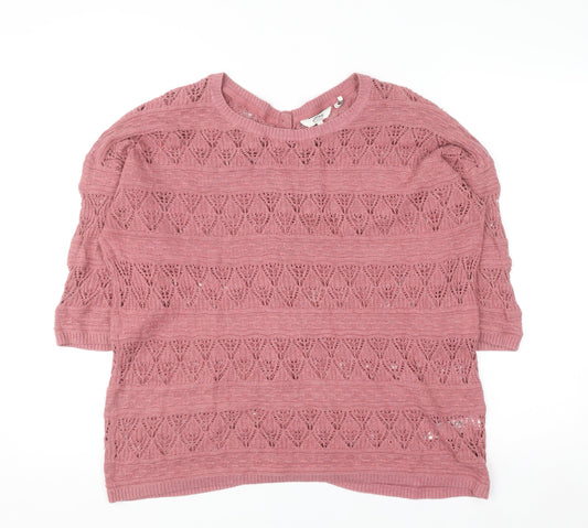 FatFace Women Pink 12 Knit Button Back Short Sleeve Cotton Jumper