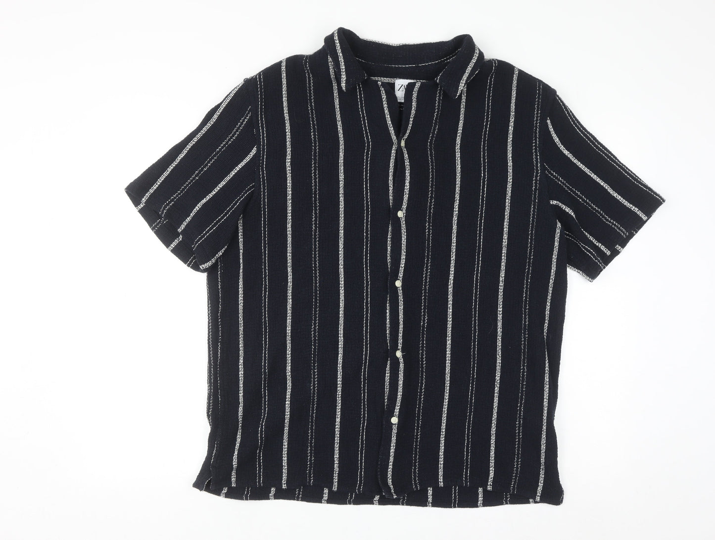Zara Men Black Striped Cotton Blend Short Sleeve Button-Up Shirt L