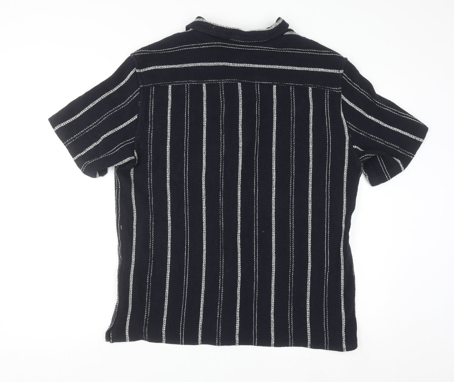 Zara Men Black Striped Cotton Blend Short Sleeve Button-Up Shirt L