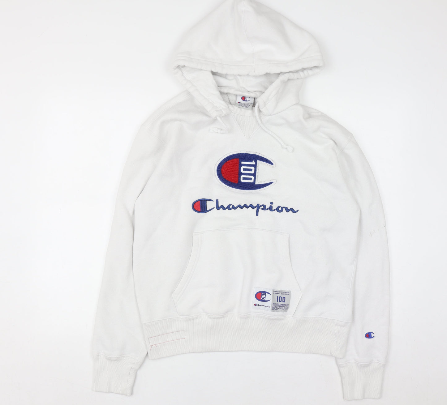 Champion Men's White Pullover Hoodie Medium Embroidered Logo Sweatshirt