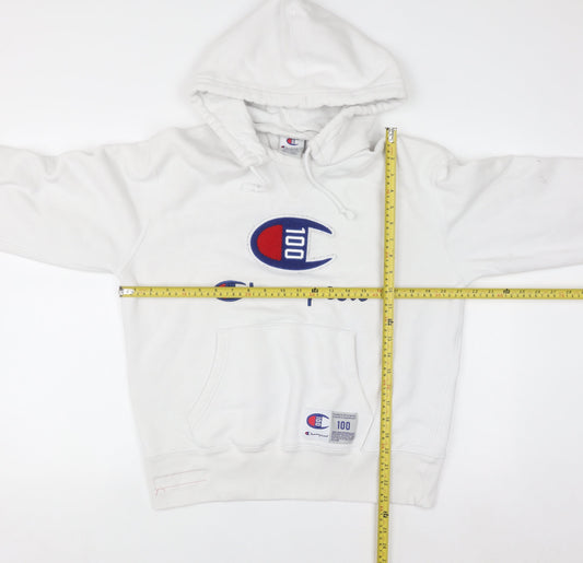 Champion Men's White Pullover Hoodie Medium Embroidered Logo Sweatshirt