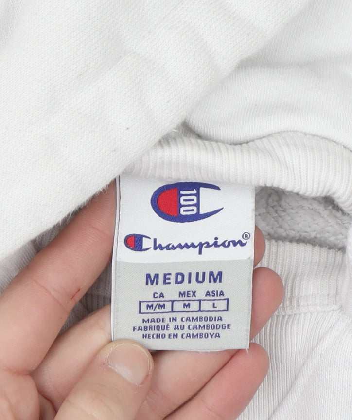 Champion Men's White Pullover Hoodie Medium Embroidered Logo Sweatshirt