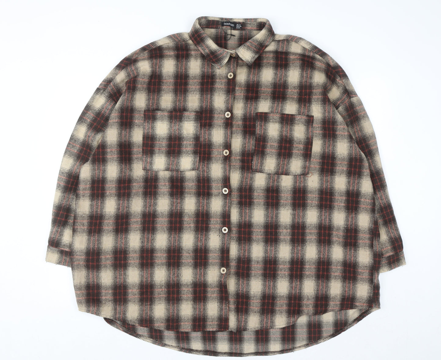 Boohoo Women’s Brown Checked Long Sleeve Flannel Button-Up Shirt UK 14
