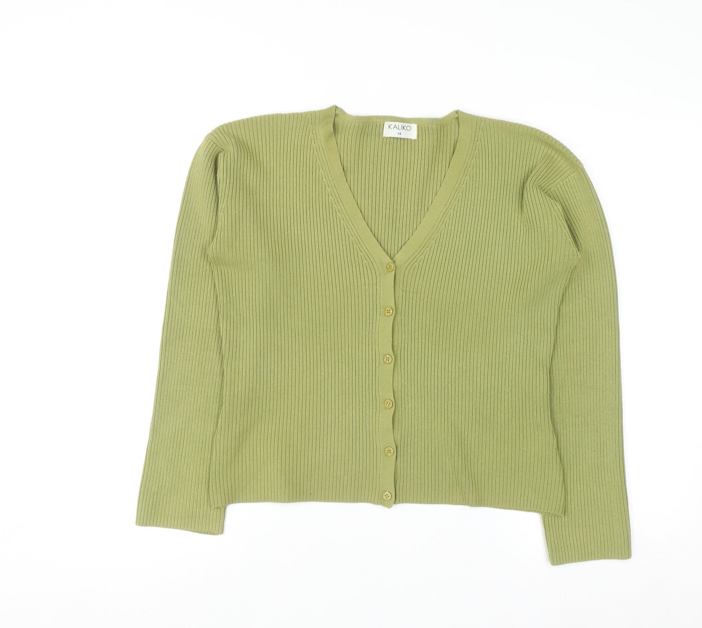 Kaliko Women Green Button Cardigan UK 14 V-Neck Ribbed Knit