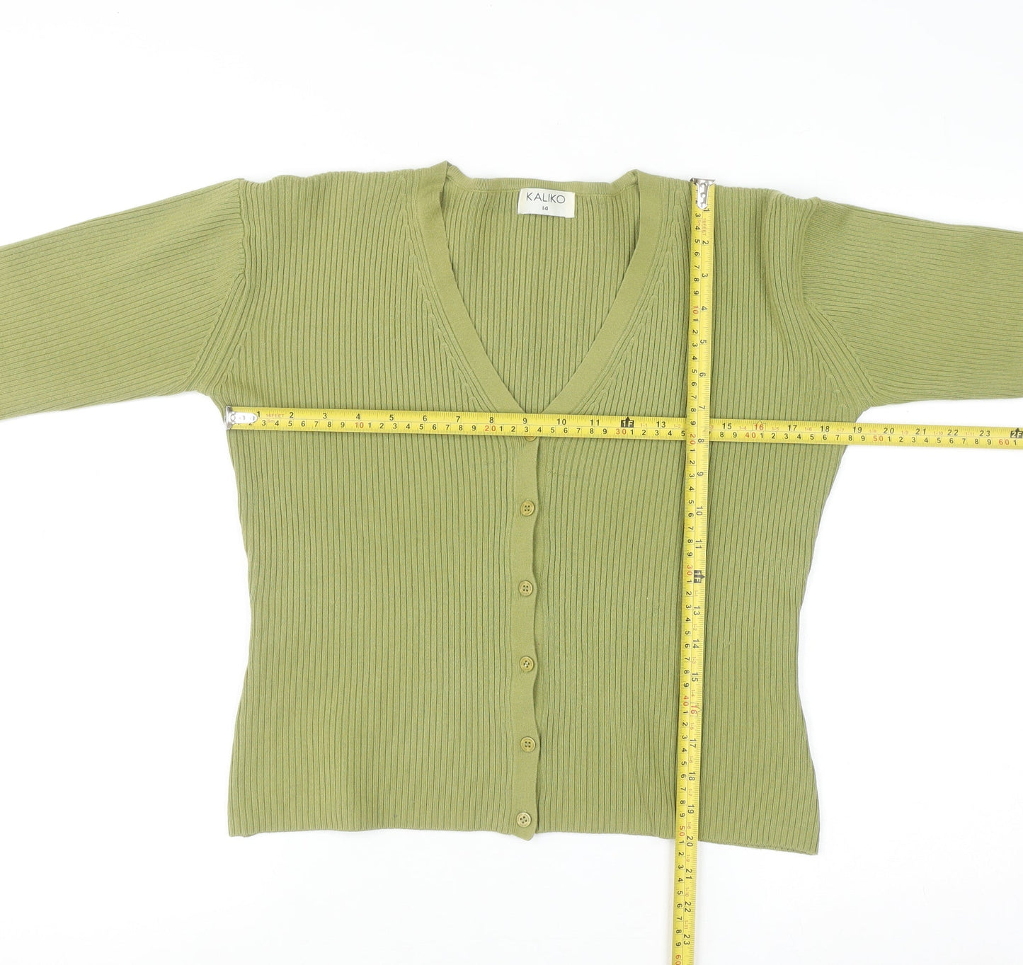 Kaliko Women Green Button Cardigan UK 14 V-Neck Ribbed Knit