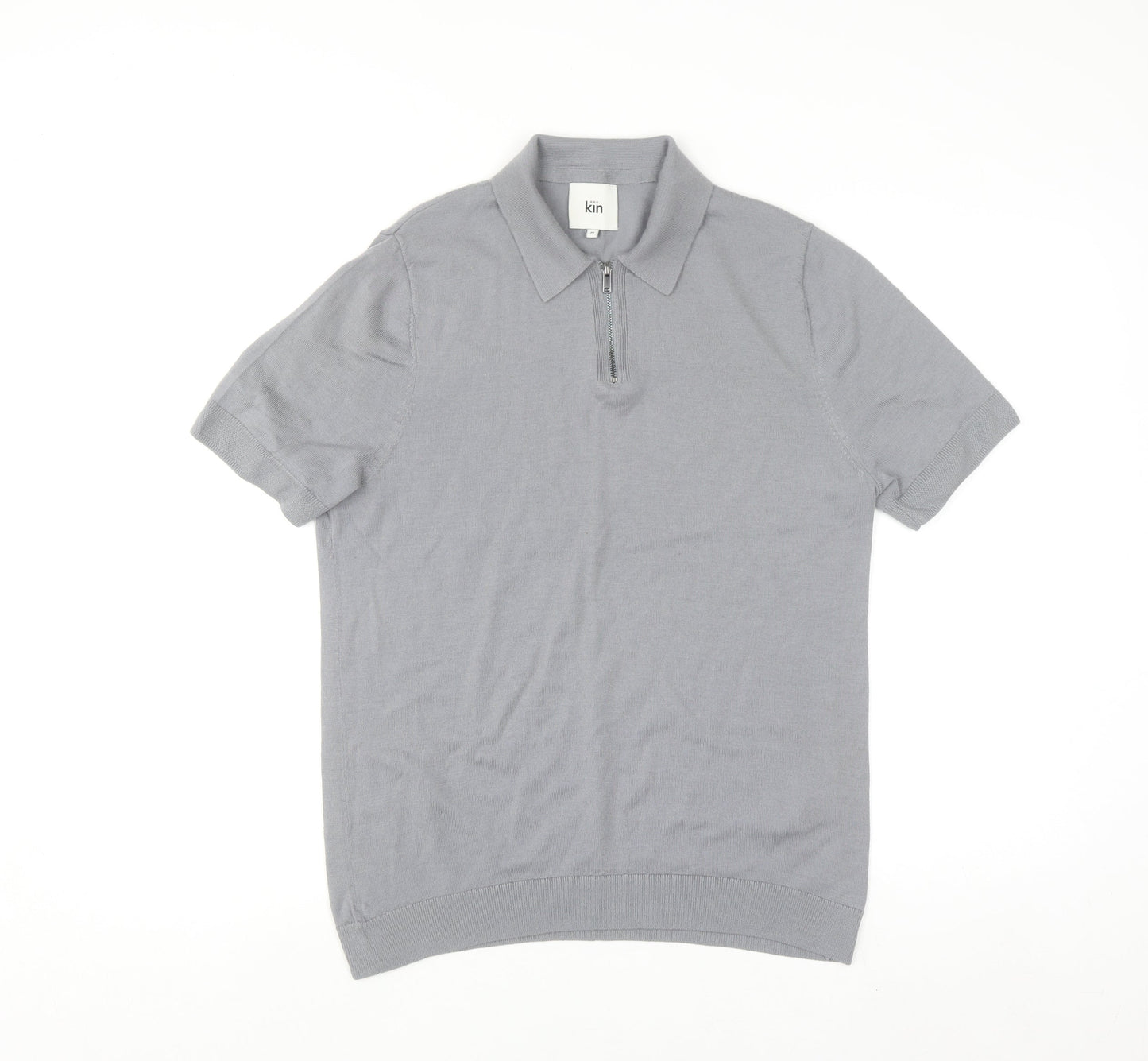 Kin Men Grey Merino Wool 1/4 Zip Short Sleeve Polo Shirt M