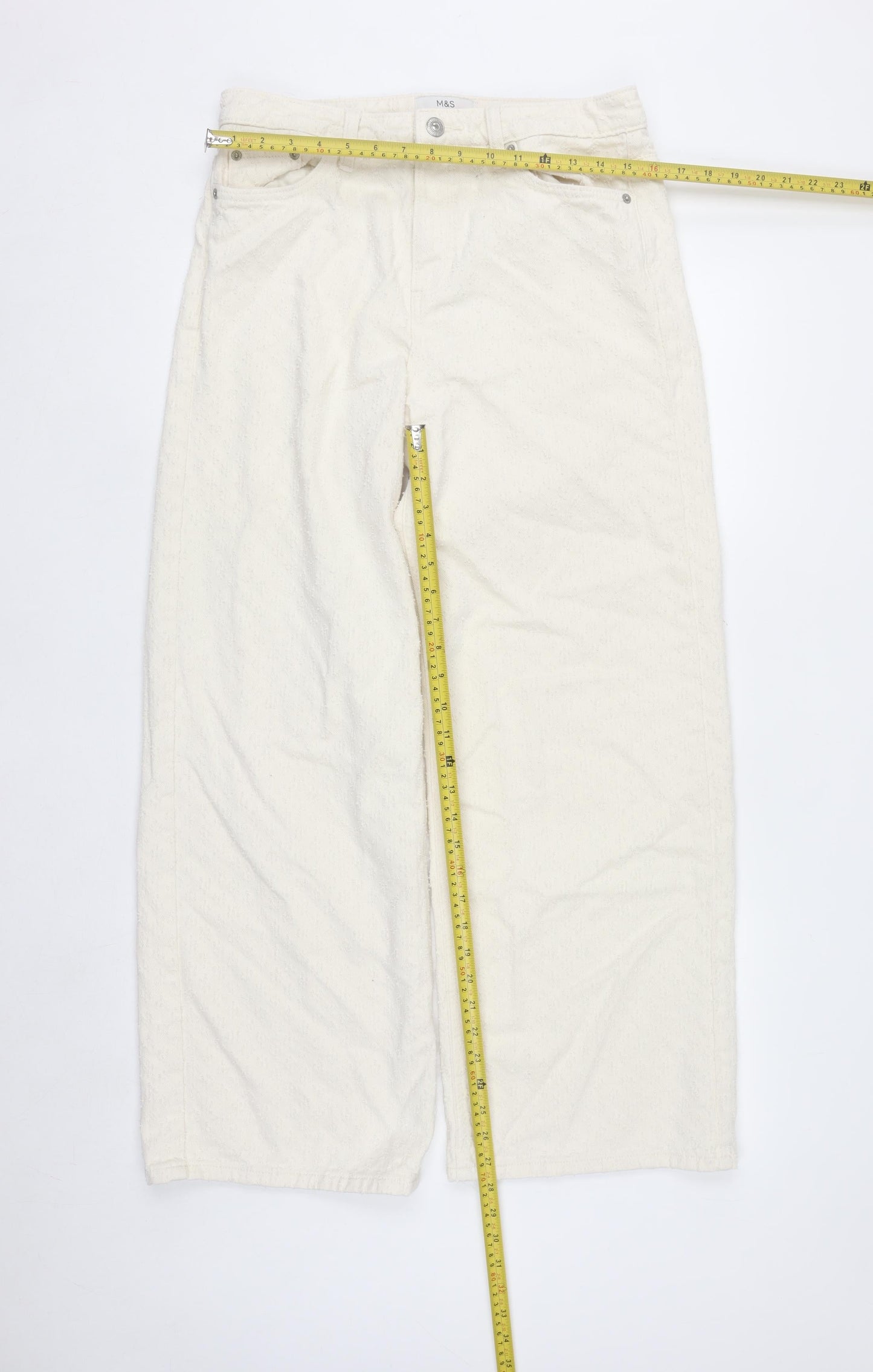Marks and Spencer Women Ivory Wide-Leg Cotton Trousers Size 12