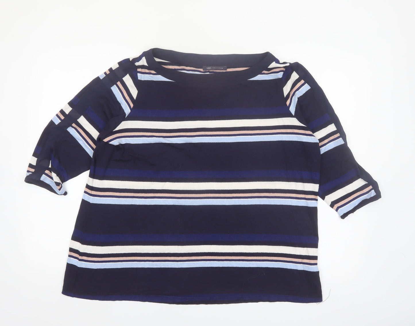 Marks and Spencer Women Blue Striped 3/4 Sleeve Boat Neck Blouse Size 22