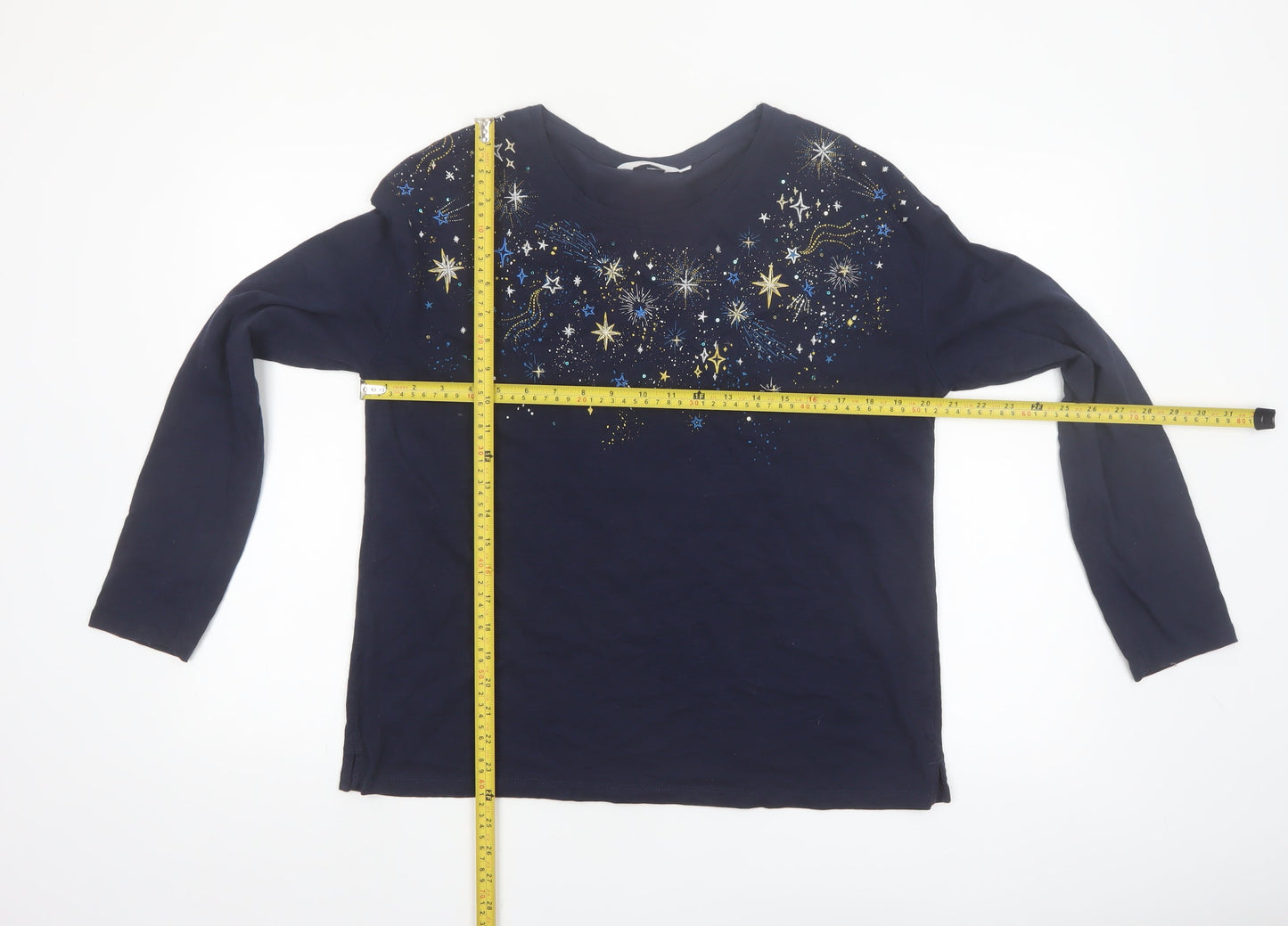 ISLE Women's Blue Star Embellished Long Sleeve Cotton T-Shirt Size 14