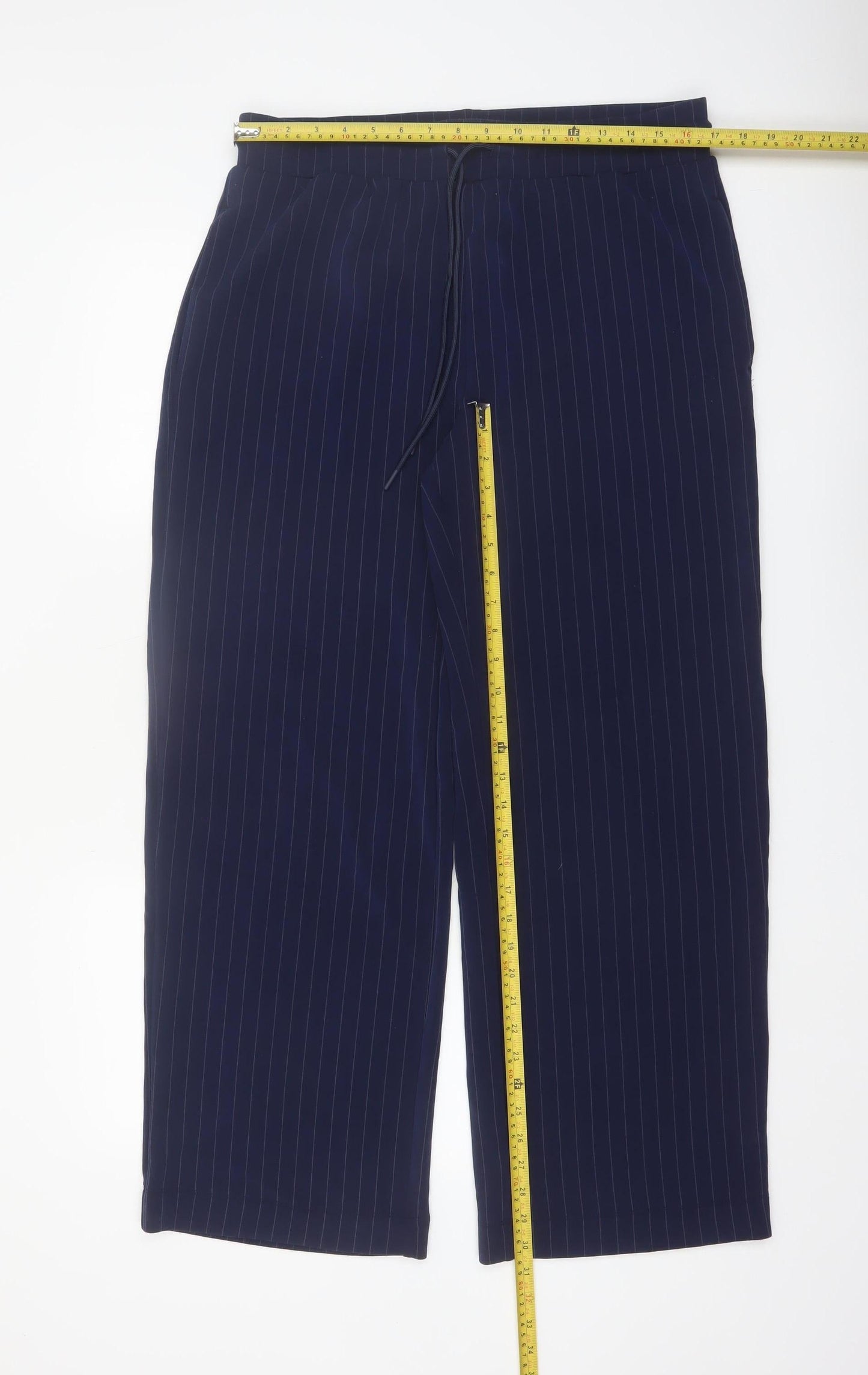 Marks and Spencer Womens Blue Pinstripe Elastic Waist Trousers Size 16