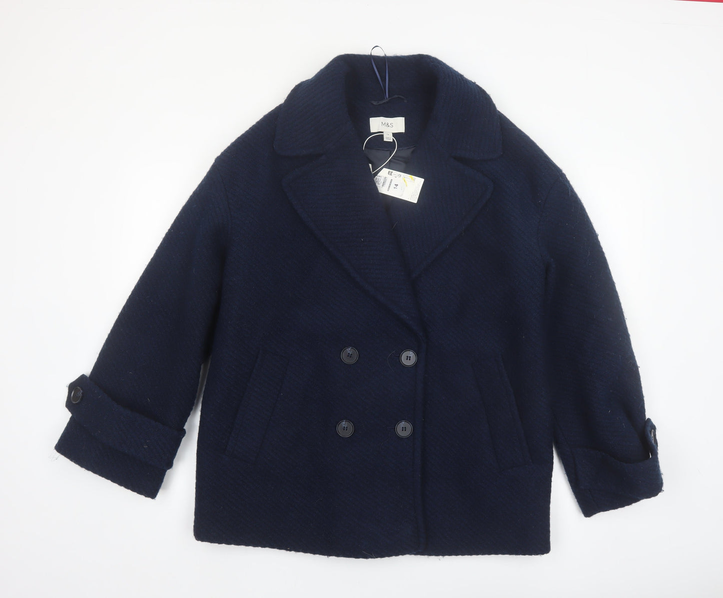 Marks and Spencer Women's Blue Wool Blend Pea Coat Size 14
