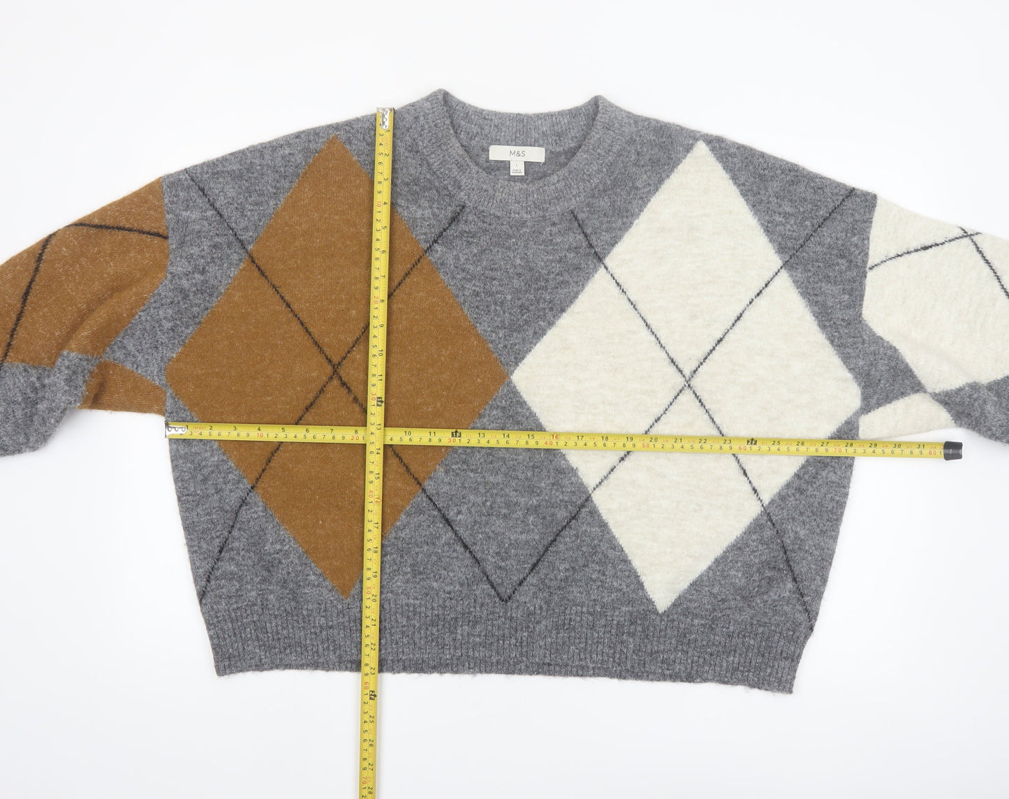 Marks and Spencer Women’s Grey Argyle Knit Crew Neck Jumper L