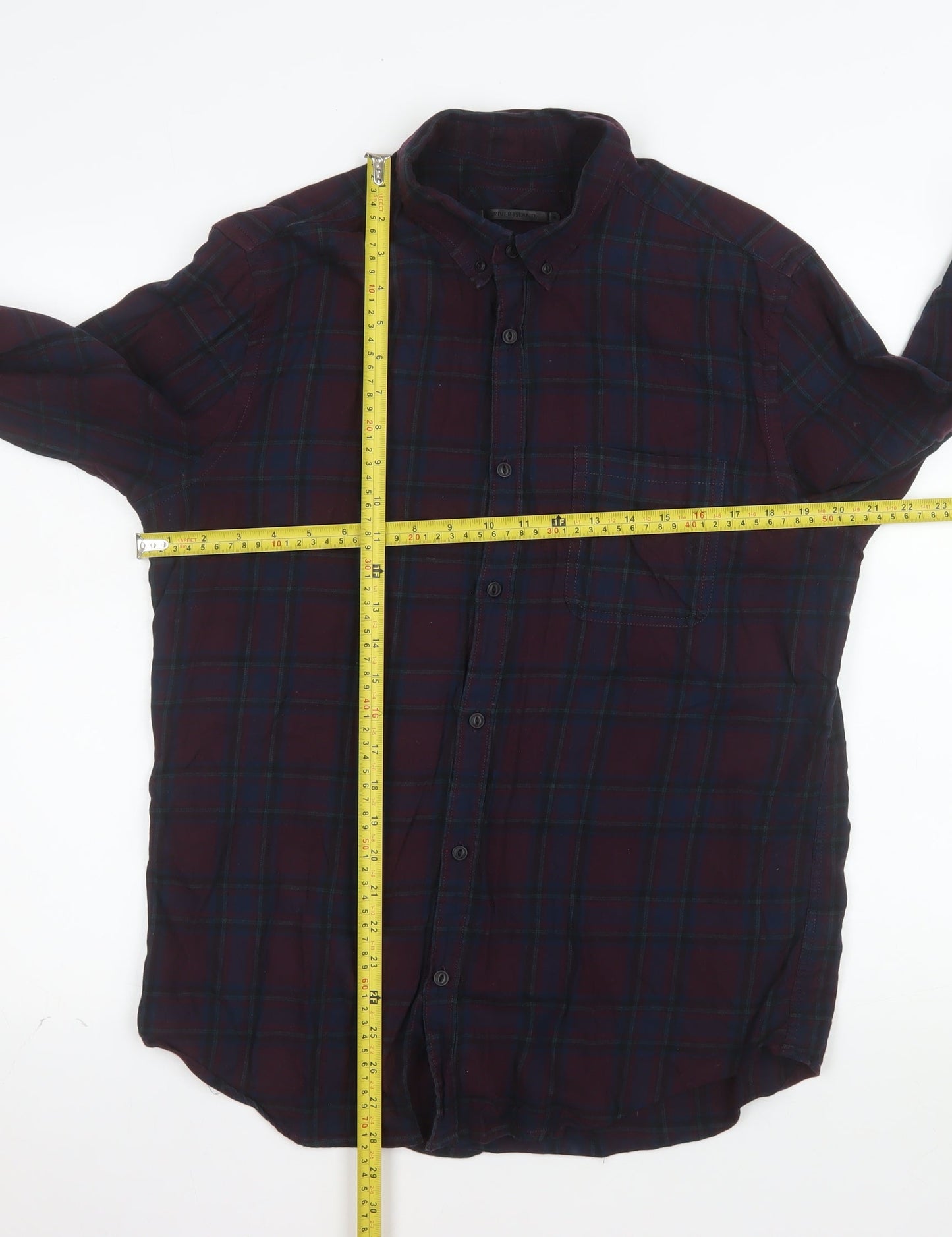 River Island Men's Multicoloured Plaid Cotton Long Sleeve Shirt M