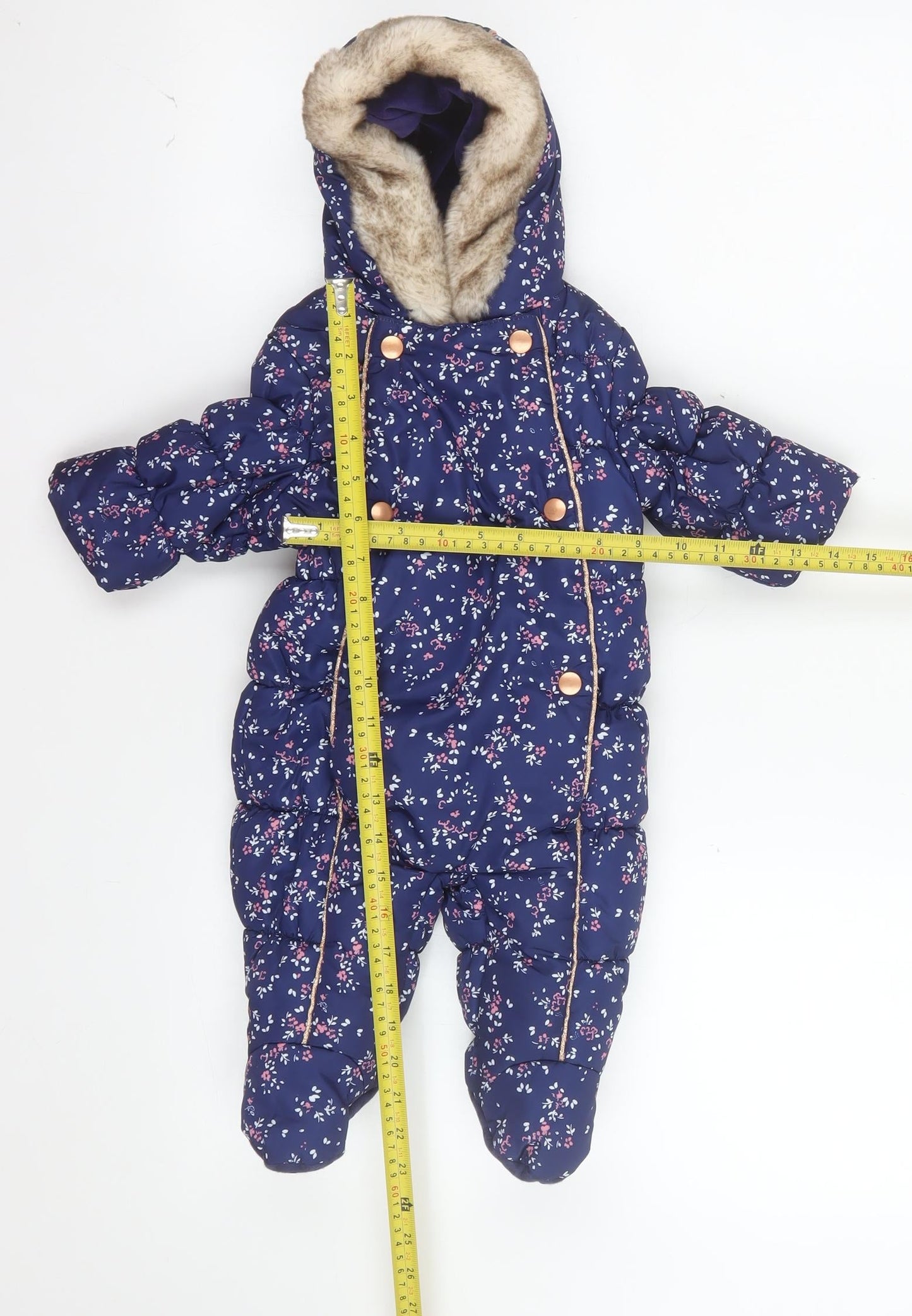 Mothercare Unisex Baby Navy Floral Hooded Snowsuit 3-6 Months Padded Winter