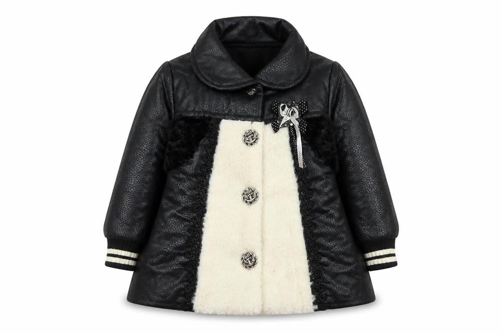 Front view of Pakpao girls’ black faux leather & fur mid-length coat, size S