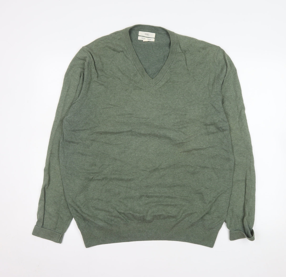 Marks and Spencer Men's Green XL V-Neck Cotton Jumper