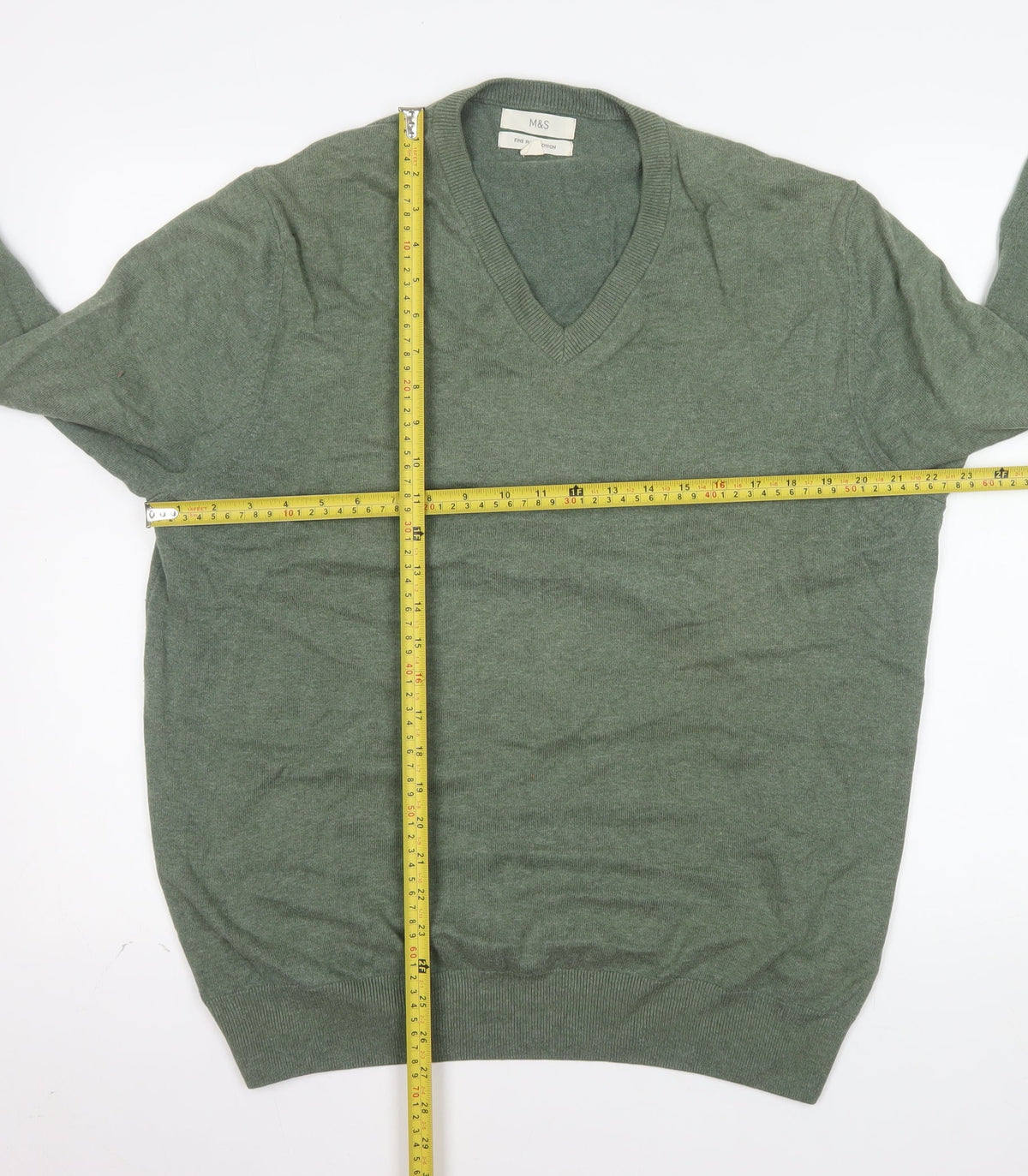 Marks and Spencer Men's Green XL V-Neck Cotton Jumper