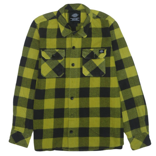 Dickies Men's Yellow Black Check Flannel Button-Up Shirt Medium